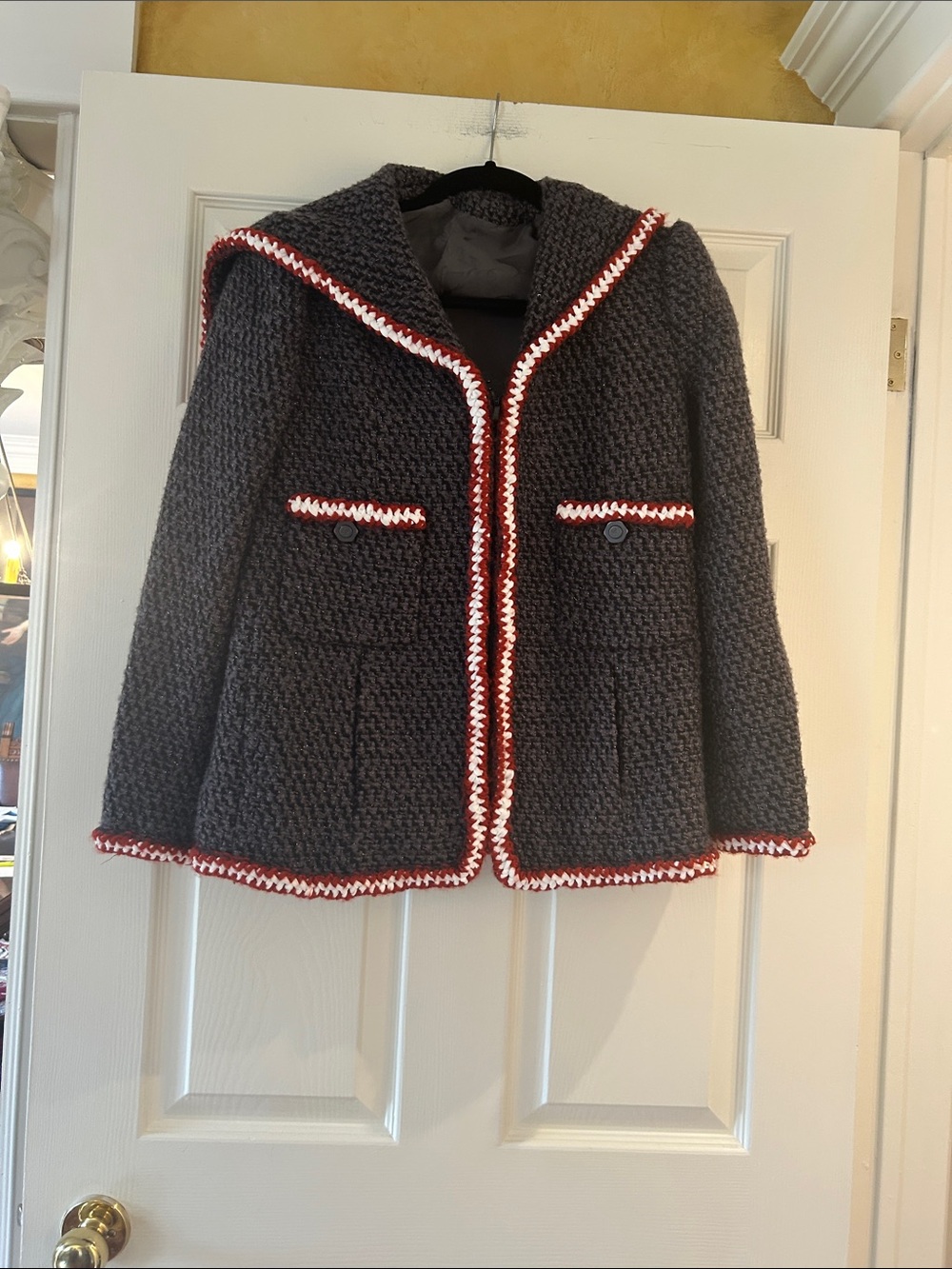CHANEL Charcoal Knit Hooded Pea Coat with Red & White crochet style trim